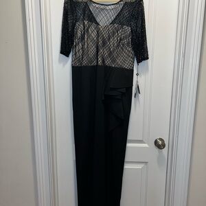 Black Tie Evening Gown with Sheer Beaded Overlay, ruffle side and leg slit NWT